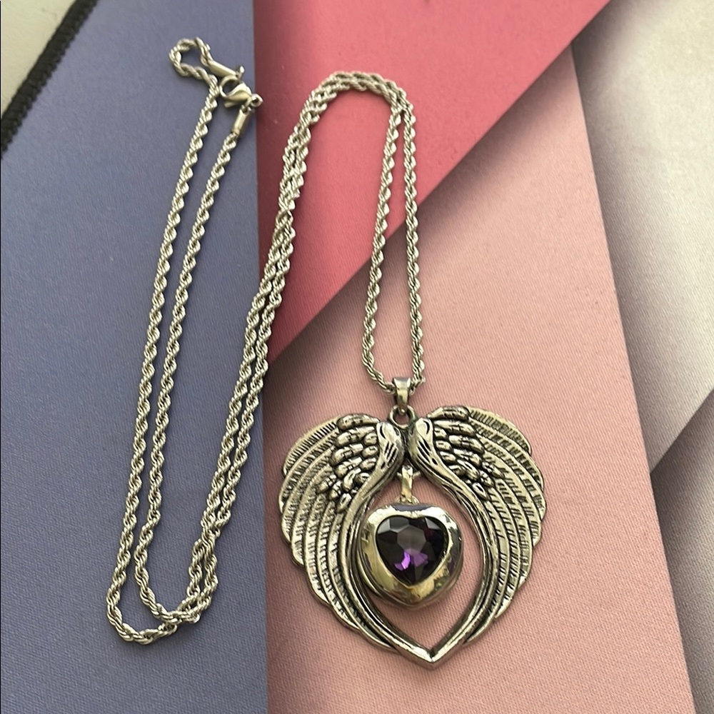 Silver Angel Wing Necklace with Purple Heart Pendant
